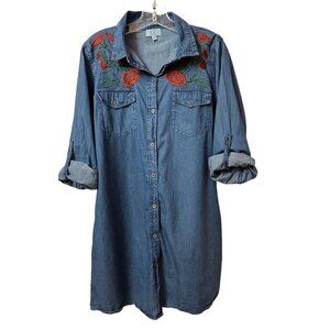 CC Chic Connection Chambray Floral Button up shirt dress, blue sz 14/16